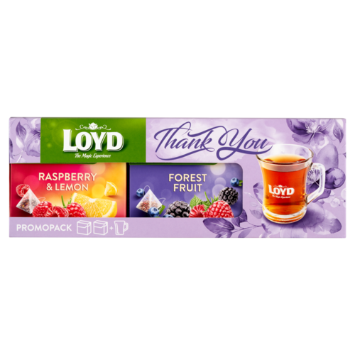 Loyd ajándék tea csomag Erdei gyümölcs + Málna-citrom ízű gyümölcstea 80 g + pohár