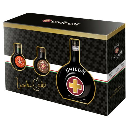 Zwack Unicum gyógynövénylikőr 40% 0,7 l+Orange Bitter 34,5% 0,04 l+Barista 34,5% 0,04 l díszdobozban