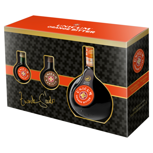 Zwack Unicum Orange Bitter gyógynövénylikőr 34,5% 0,7 l + 0,04 l + Barista 34,5% 0,04 l díszdobozban