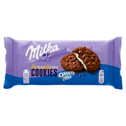 Milka Cookies Sensations Oreo Creme Kakaós Keksz Tejcsokoládé Darabokkal, Vaníliás Töltelékkel 156 G