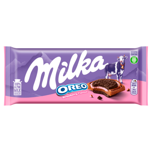 Milka Oreo Kakaós Keksz Eperízű Krémtöltelékkel Alpesi Tejcsokoládén 92 G
