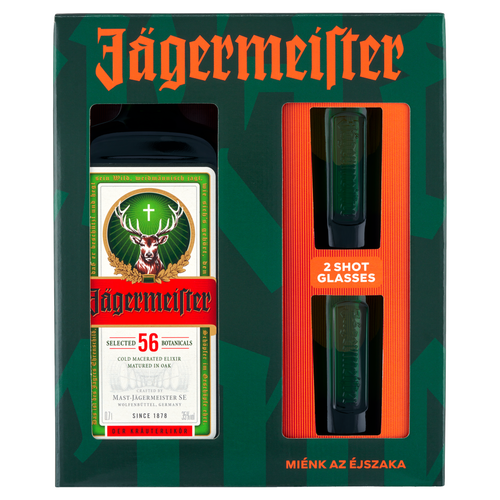 Jägermeister gyógynövénylikőr díszdobozban 2 db 4 cl-es pohárral 35% 0,7 l