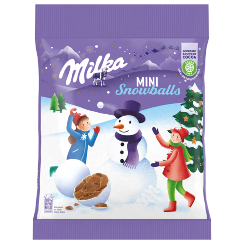Milka Mini Snow Balls ropogós cukorbevonatú alpesi tejcsokoládé drazsé 100 g