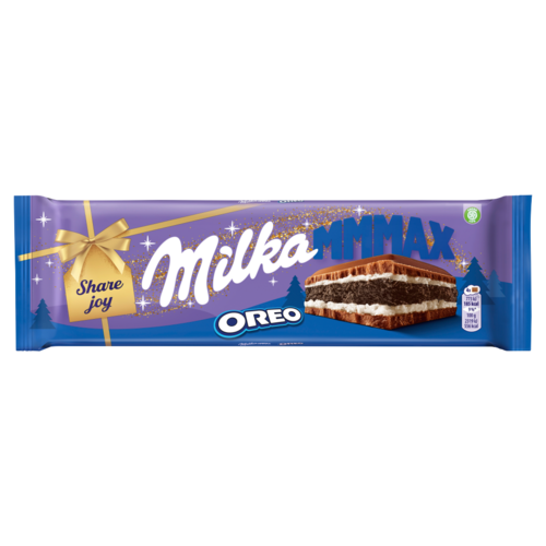 Milka Mmmax Oreo alpesi tejcsokoládé vanília ízű tejes krémtöltelékkel és kakaós keksszel 300 g