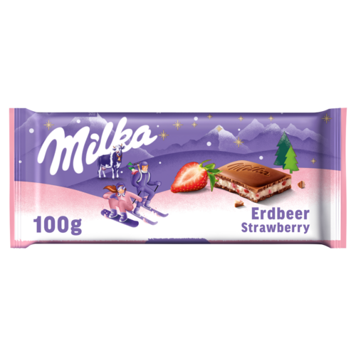 Milka alpesi tej felhasználásával készült tejcsokoládé eperízű krémmel töltve 100 g