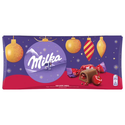 Milka alpesi tej felhasználásával készült tejcsokoládé szaloncukor meggyízű 255 g