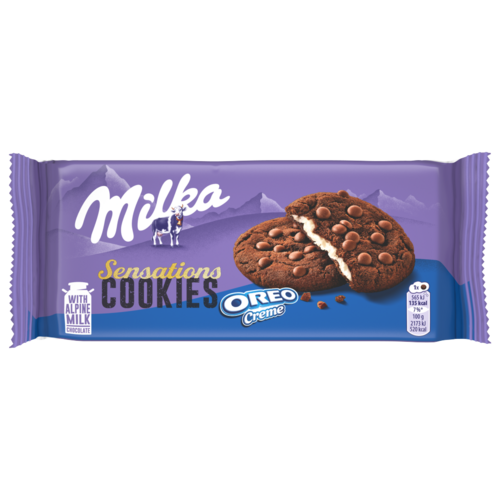 Milka Cookies Sensations Oreo Creme kakaós keksz tejcsokoládé darabokkal, vaníliás töltelékkel 156 g