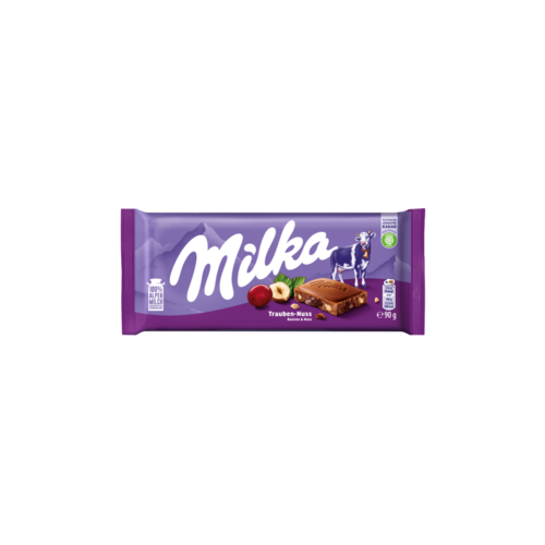 Milka alpesi tej felhasználásával készült tejcsokoládé mazsolával és mogyoródarabokkal 90 g