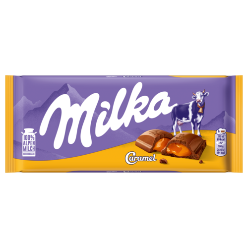 Milka alpesi tej felhasználásával készült tejcsokoládé karamellás töltelékkel 100 g
