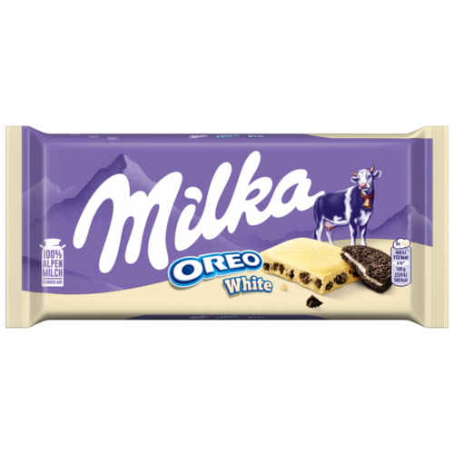 Milka Oreo White fehér csokoládé vaníliaízű, tejes krémtöltelékkel és kakaós kekszdarabokkal 100 g