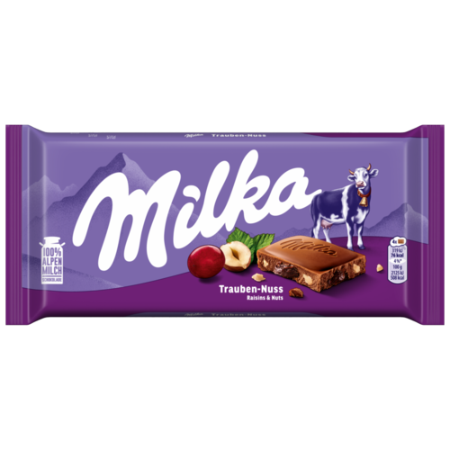 Milka alpesi tej felhasználásával készült tejcsokoládé mazsolával és mogyoródarabokkal 90 g