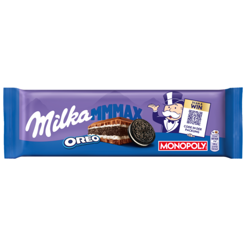 Milka Mmmax Oreo alpesi tejcsokoládé vanília ízű tejes krémtöltelékkel és kakaós keksszel 300 g