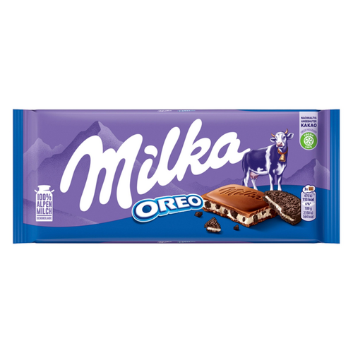 Milka Oreo alpesi tejcsokoládé kakaós kekszdarabokkal és vaníliaízű tejes krémtöltelékkel 100 g