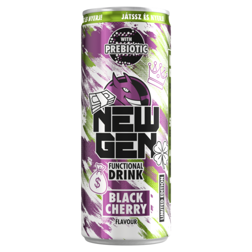 New Gen fekete cseresznye- és tuttifruttiízű, koffeintartalmú, szénsavas, funkcionális ital 250 ml
