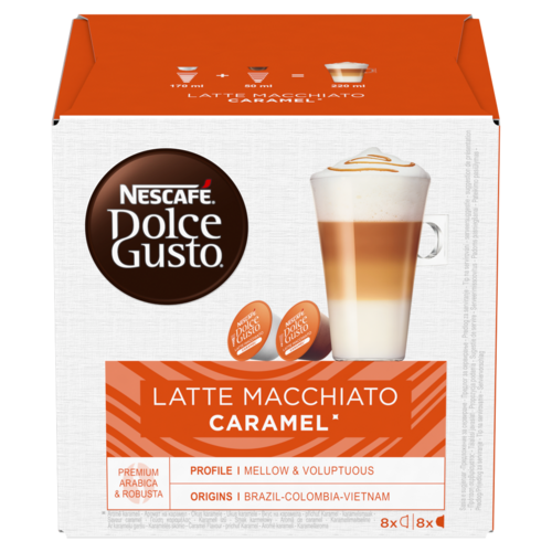 NESCAFÉ Dolce Gusto őrölt pörkölt kávé és karamell ízű teljes tejpor cukorral 16 db/8 csésze 145,6 g