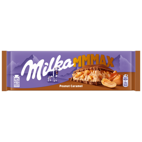 Milka Mmmax földimogyorós-karamellás alpesi tejcsokoládé földimogyoró darabokkal és rizzsel 276 g