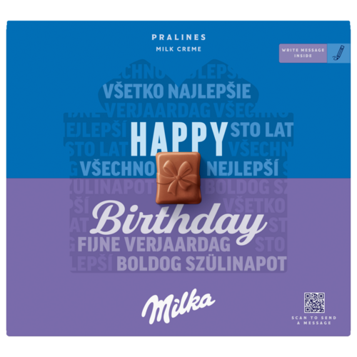 Milka Happy Birthday alpesi tejcsokoládé praliné tejes krémtöltelékkel 20 db 110 g