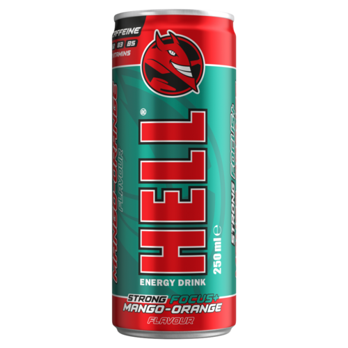 HELL Strong Focus+ Mango-Orange és tuttifruttiízű, koffeintartalmú, szénsavas energiaital 250 ml