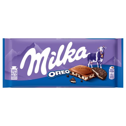 Milka Oreo alpesi tejcsokoládé kakaós kekszdarabokkal és vaníliaízű tejes krémtöltelékkel 100 g