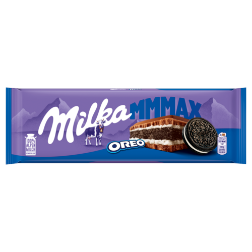 Milka Mmmax Oreo alpesi tejcsokoládé vanília ízű tejes krémtöltelékkel és kakaós keksszel 300 g