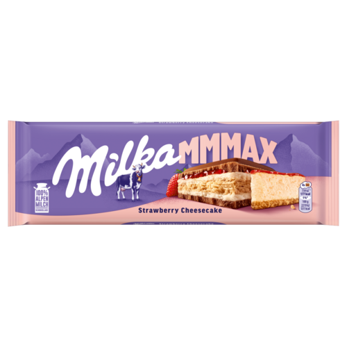 Milka alpesi tejcsokoládé sajttortaízű krémtöltelékkel, epres töltelékkel és keksszel 300 g