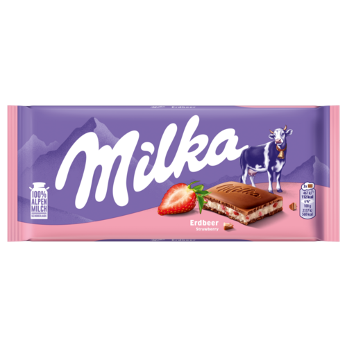 Milka alpesi tej felhasználásával készült tejcsokoládé eperízű krémmel töltve 100 g