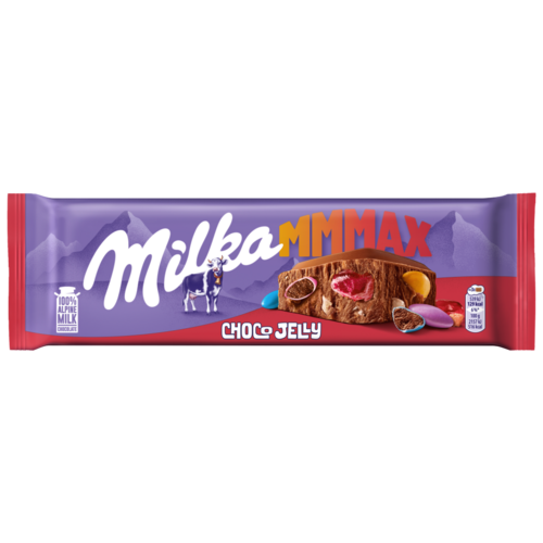 Milka Mmmax alpesi tejcsokoládé meggyes zselédarabkákkal, cukordrazséval és robbanócukorkával 250 g
