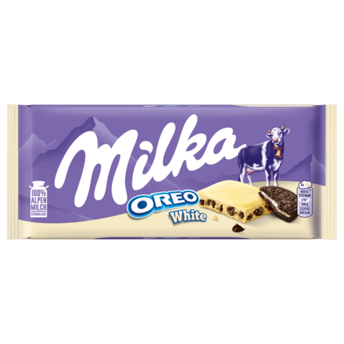 Milka Oreo White fehér csokoládé vaníliaízű, tejes krémtöltelékkel és kakaós kekszdarabokkal 100 g