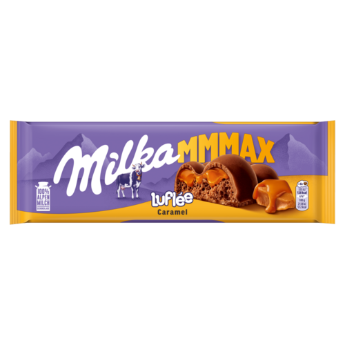Milka Mmmax Luflée alpesi tej felhasználásával készült tejcsokoládé karamell töltelékkel 250 g