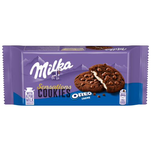 Milka Cookies Sensations Oreo Creme kakaós keksz tejcsokoládé darabokkal, vaníliás töltelékkel 156 g