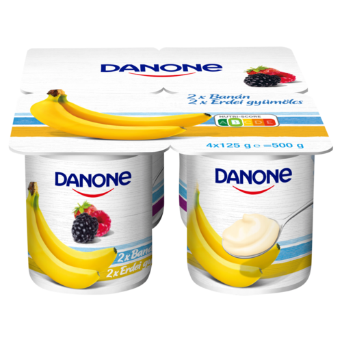 Danone banánízű és erdei gyümölcsízű élőflórás zsírszegény joghurt 4 x 125 g (500 g)