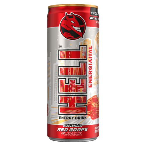 HELL piros szőlő- és tuttifruttiízű koffeintartalmú, szénsavas energiaital 250 ml