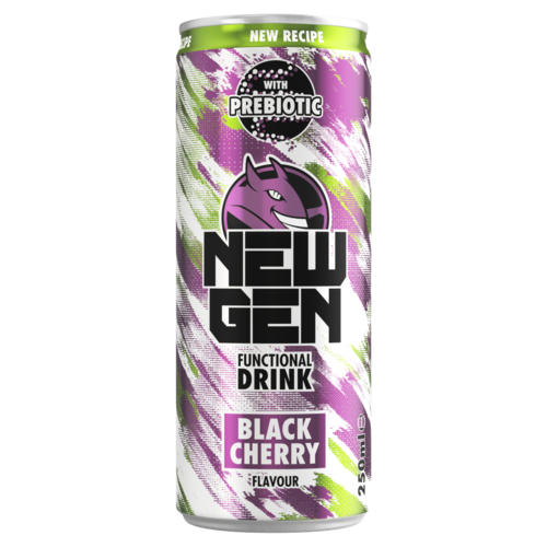 New Gen fekete cseresznye- és tuttifruttiízű, koffeintartalmú, szénsavas, funkcionális ital 250 ml