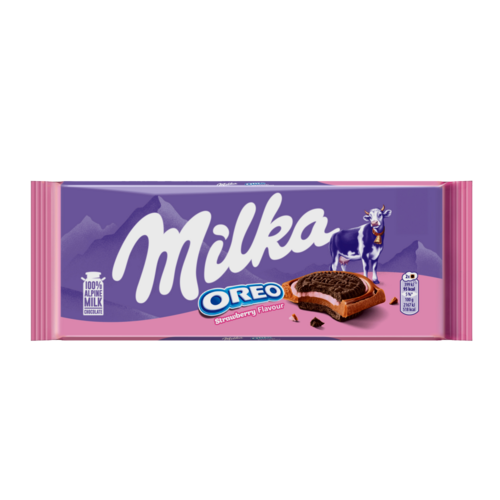 Milka Oreo kakaós keksz eperízű krémtöltelékkel alpesi tejcsokoládén 92 g