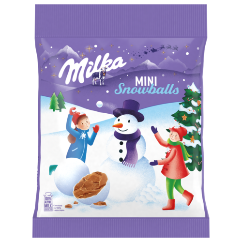 Milka Mini Snow Balls ropogós cukorbevonatú alpesi tejcsokoládé drazsé 100 g