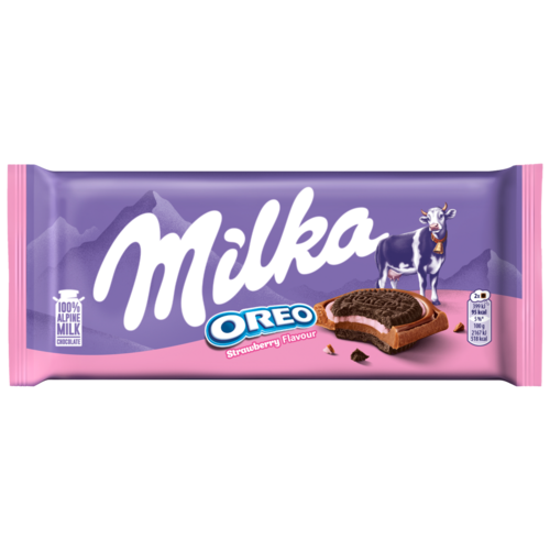 Milka Oreo kakaós keksz eperízű krémtöltelékkel alpesi tejcsokoládén 92 g