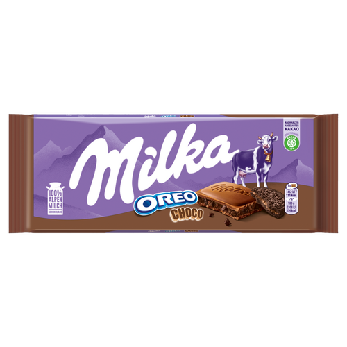 Milka Oreo Choco Alpesi Tejcsokoládé Kakaós Krémtöltelékkel és Kakaós Kekszdarabokkal 100 G