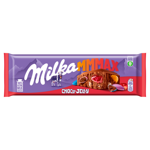 Milka Mmmax Alpesi Tejcsokoládé Meggyes Zselédarabkákkal, Cukordrazséval és Robbanócukorkával 250 G
