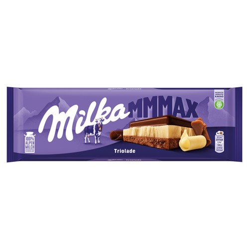 Milka Mmmax Triolade Alpesi Tejcsokoládé Fehércsokoládéval és Magas Kakaótartalmú Csokoládéval 280 G
