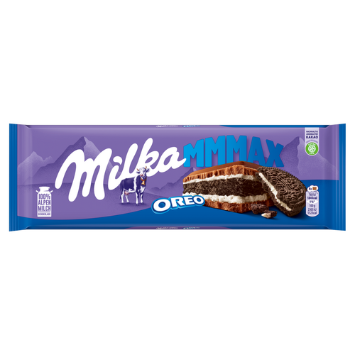 Milka Mmmax Oreo alpesi tejcsokoládé vanília ízű tejes krémtöltelékkel és kakaós keksszel 300 g