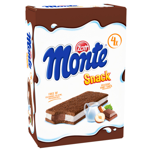Zott Monte Snack tejes, csokoládés-mogyorós krémmel töltött sütemény 4 x 29 g (116 g)