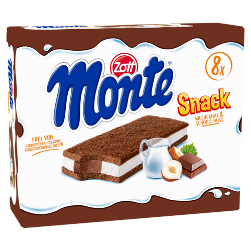 Zott Monte Snack tejes, csokoládés-mogyorós krémmel töltött sütemény 8 x 29 g (232 g)