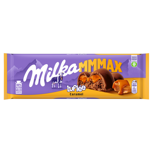Milka Mmmax Luflée alpesi tej felhasználásával készült tejcsokoládé karamell töltelékkel 250 g